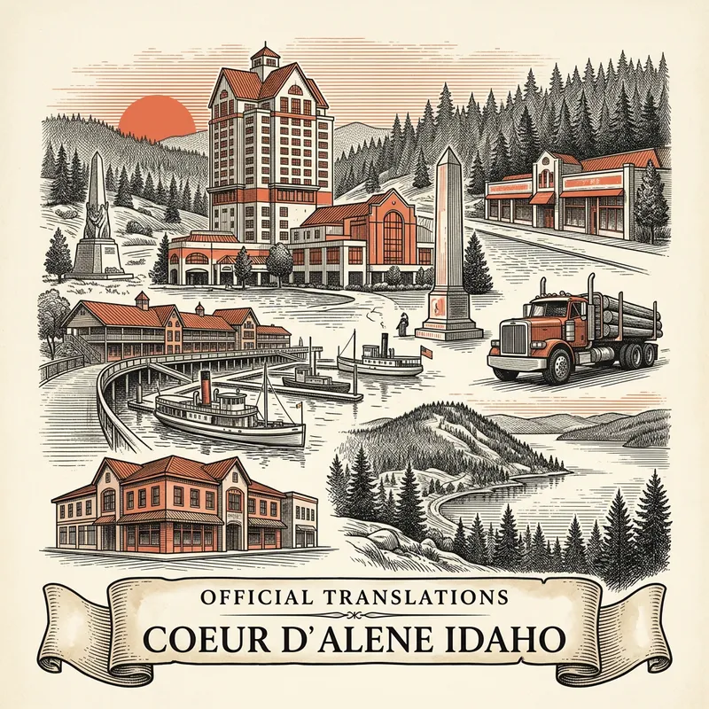 Engraved Coeur D Alene ID city illustration – Official Translations certified translation services from $29.95 per page