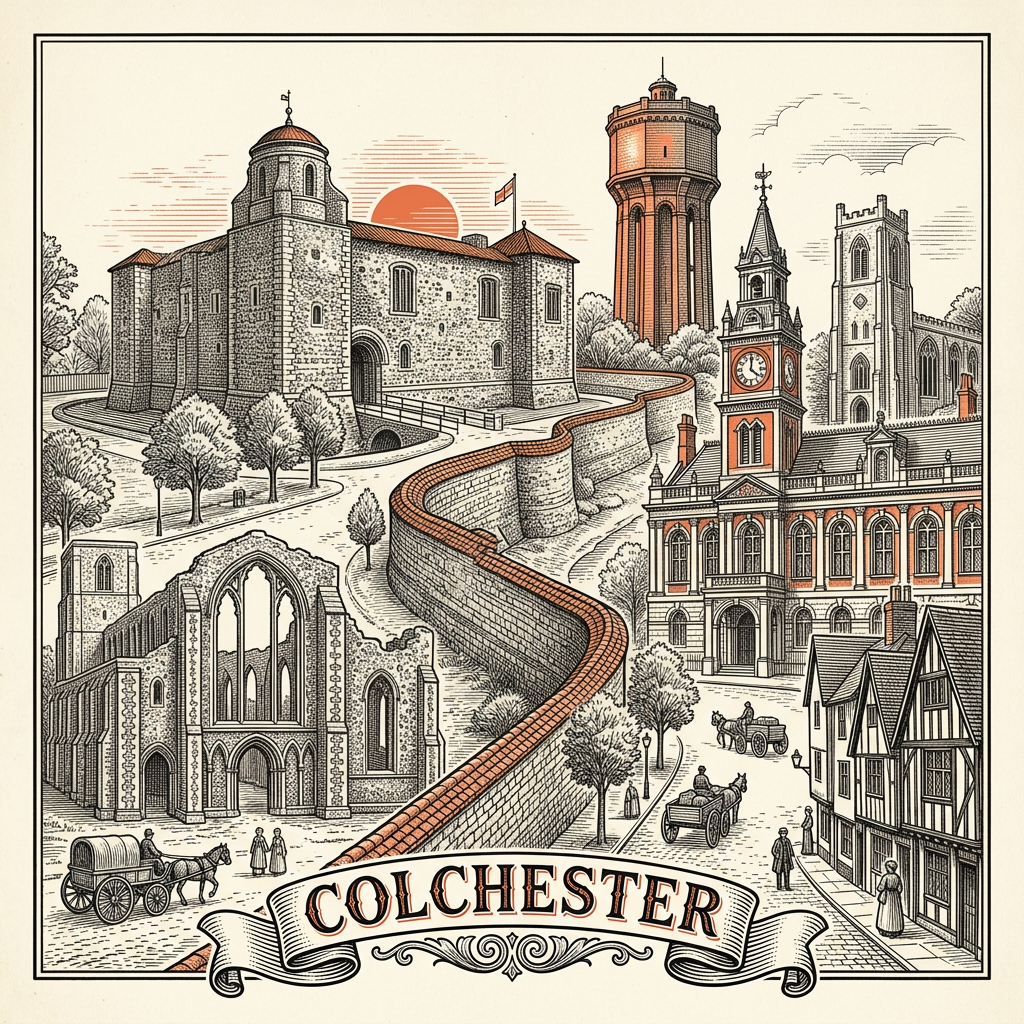 Engraved Colchester England city illustration – Colchester Castle Norman keep on Roman vaults, Roman walls and Balkerne Gate, Colchester Town Hall Victoria Tower, Firstsite gallery, Jumbo water tower – Official Translations certified translation services from £29.95 per page