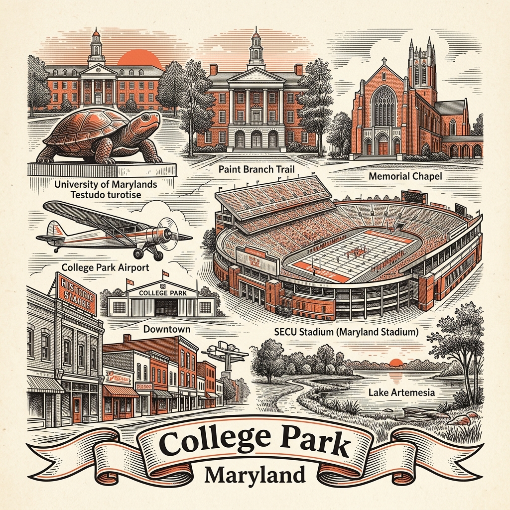 Engraved College Park MD city illustration – Official Translations certified translation services from $29.95 per page