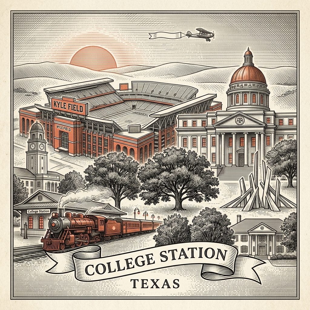 Engraved College Station TX city illustration – Official Translations certified translation services from $29.95 per page