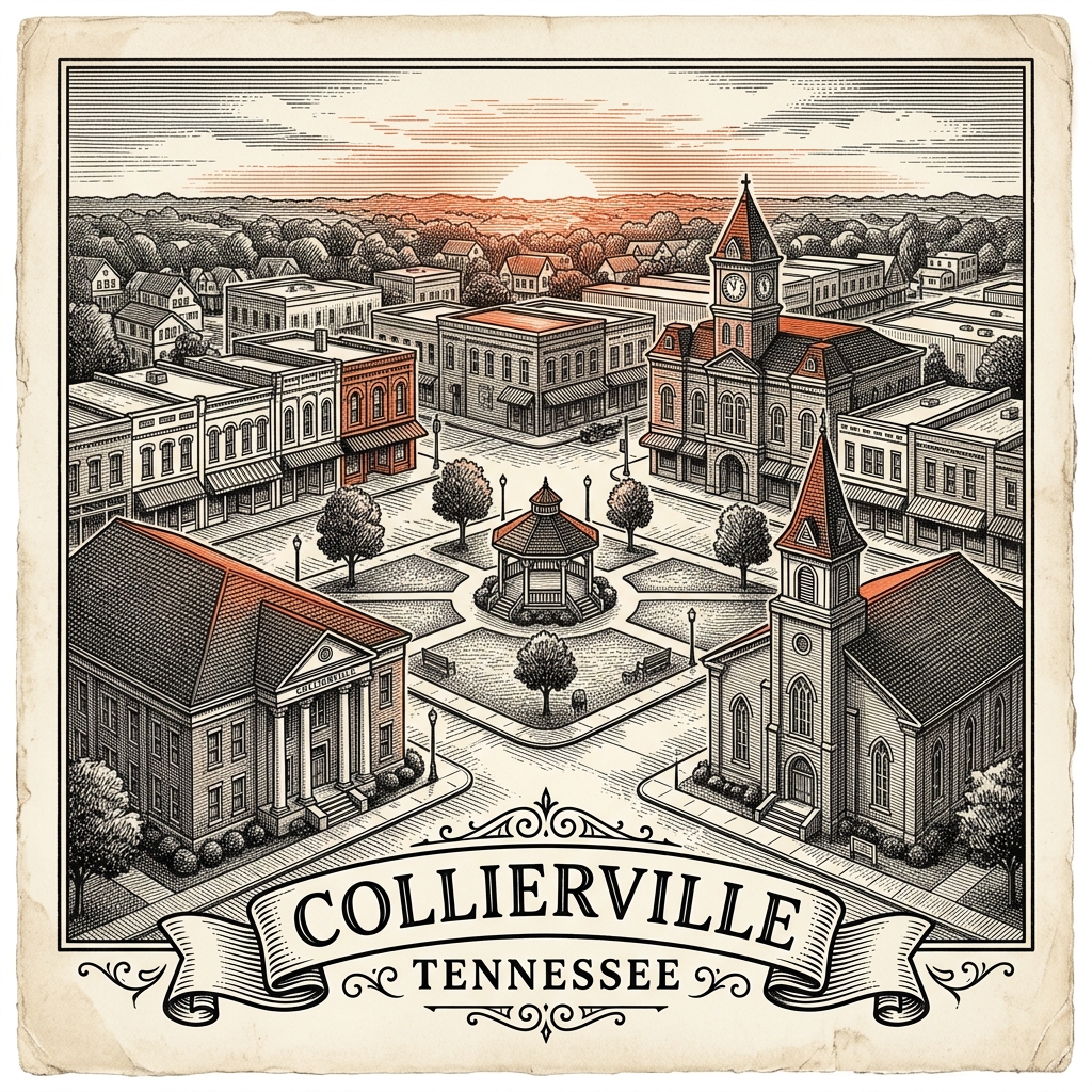 Engraved Collierville TN city illustration – Official Translations certified translation services from $29.95 per page