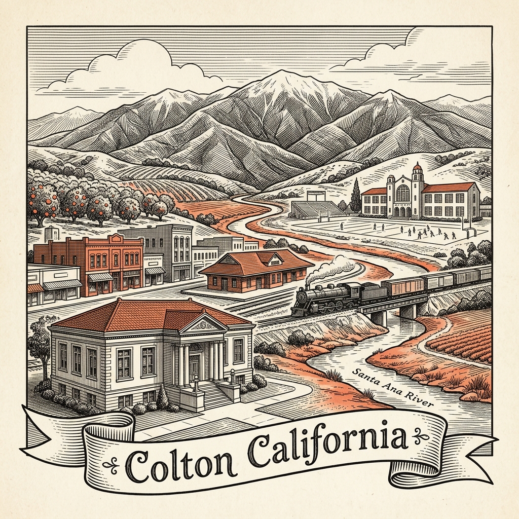 Engraved Colton CA city illustration – Official Translations certified translation services from $29.95 per page