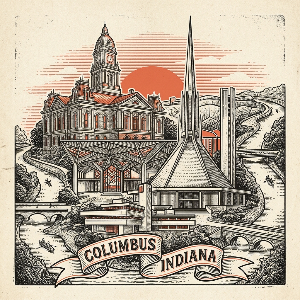 Engraved Columbus IN city illustration – Official Translations certified translation services from $29.95 per page