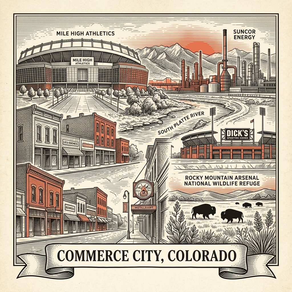 Engraved Commerce City CO city illustration – Official Translations certified translation services from $29.95 per page