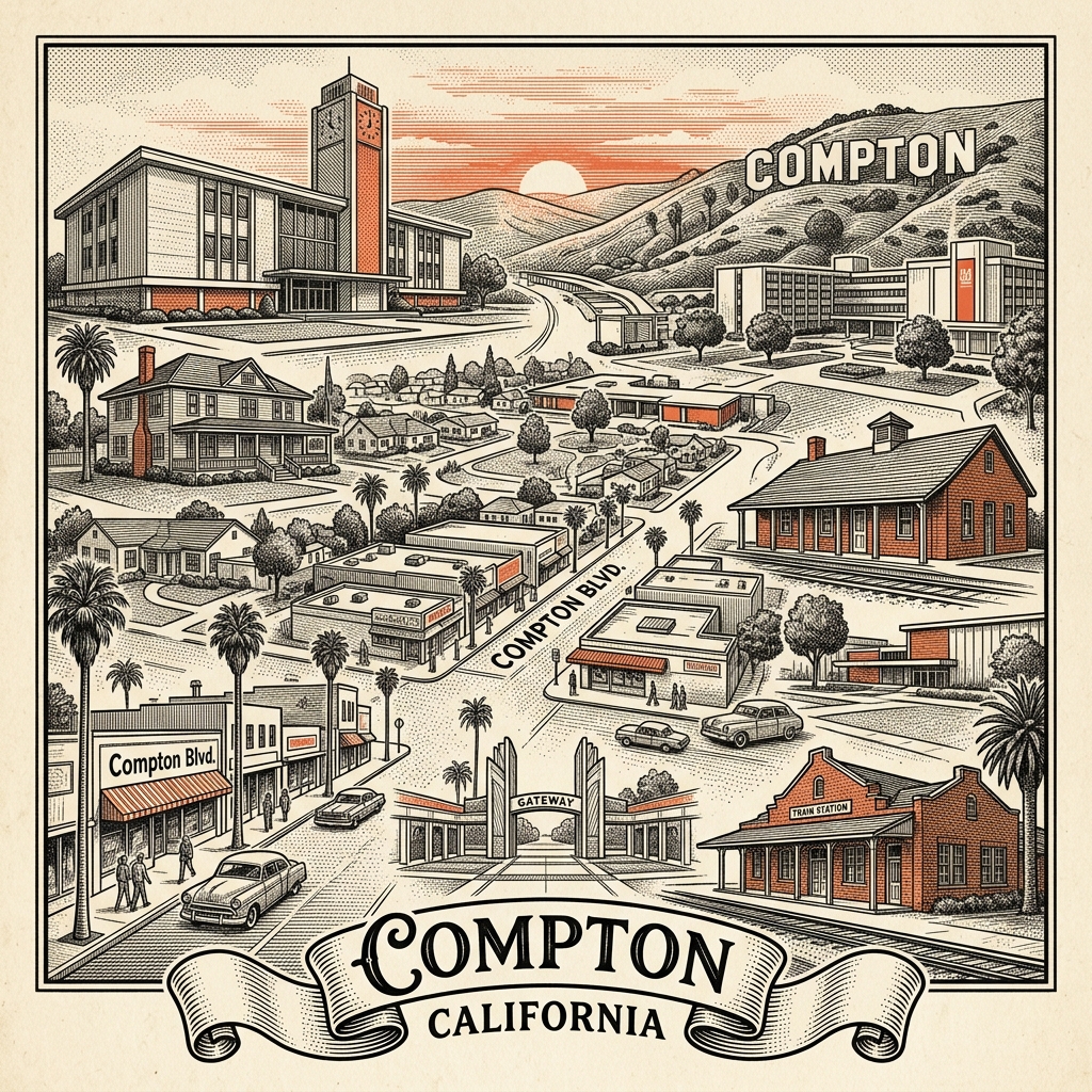Engraved Compton CA city illustration – Official Translations certified translation services from $29.95 per page