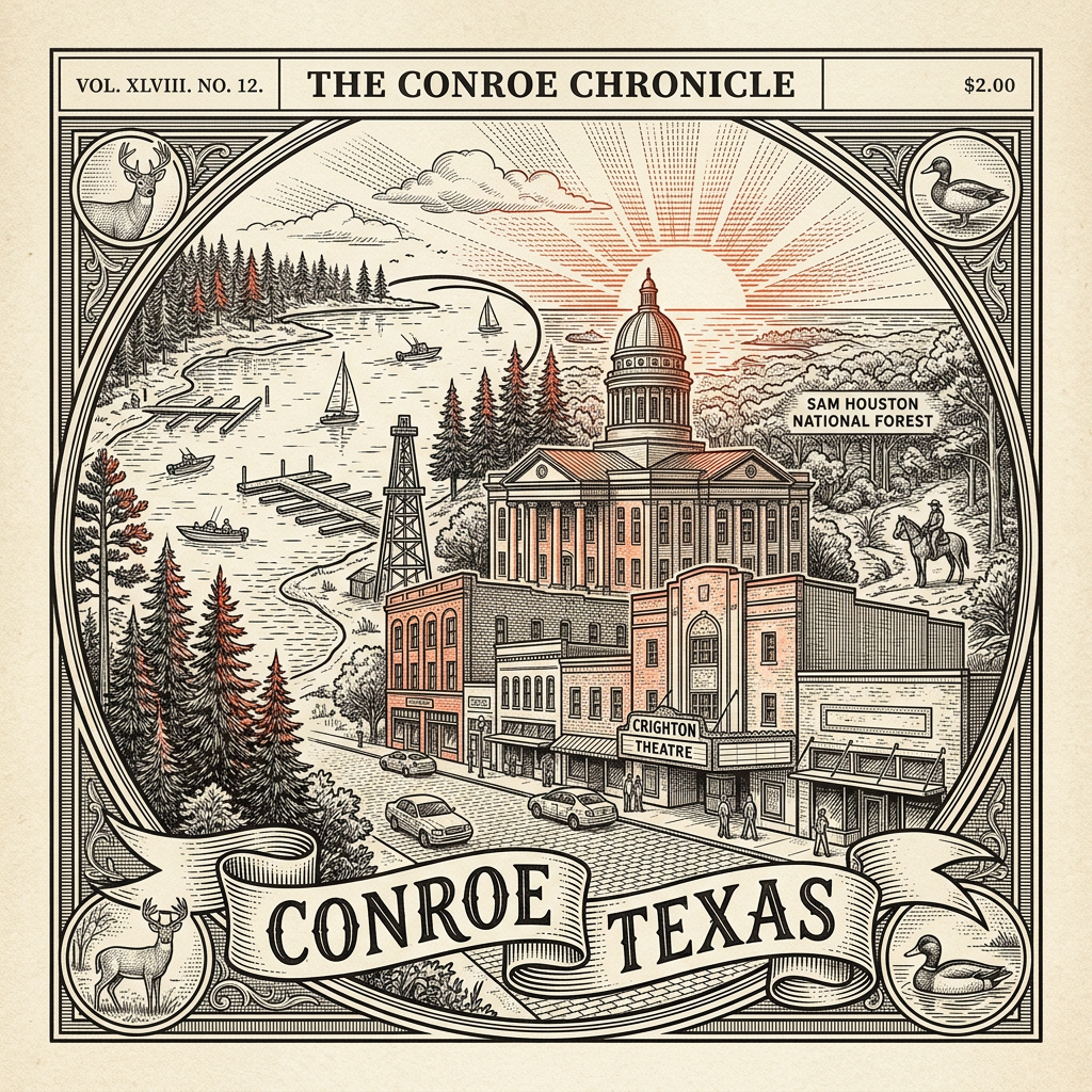 Engraved Conroe TX city illustration – Official Translations certified translation services from $29.95 per page