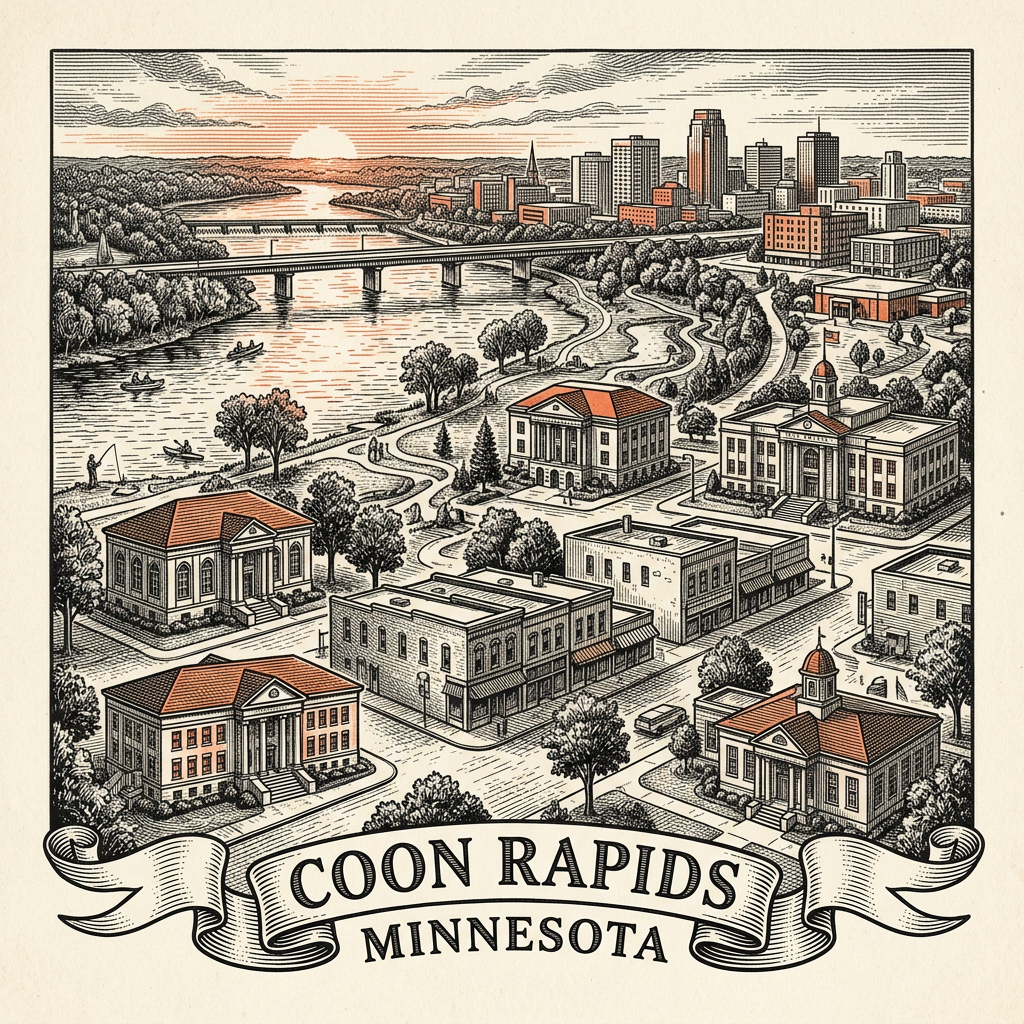 Engraved Coon Rapids MN city illustration – Official Translations certified translation services from $29.95 per page