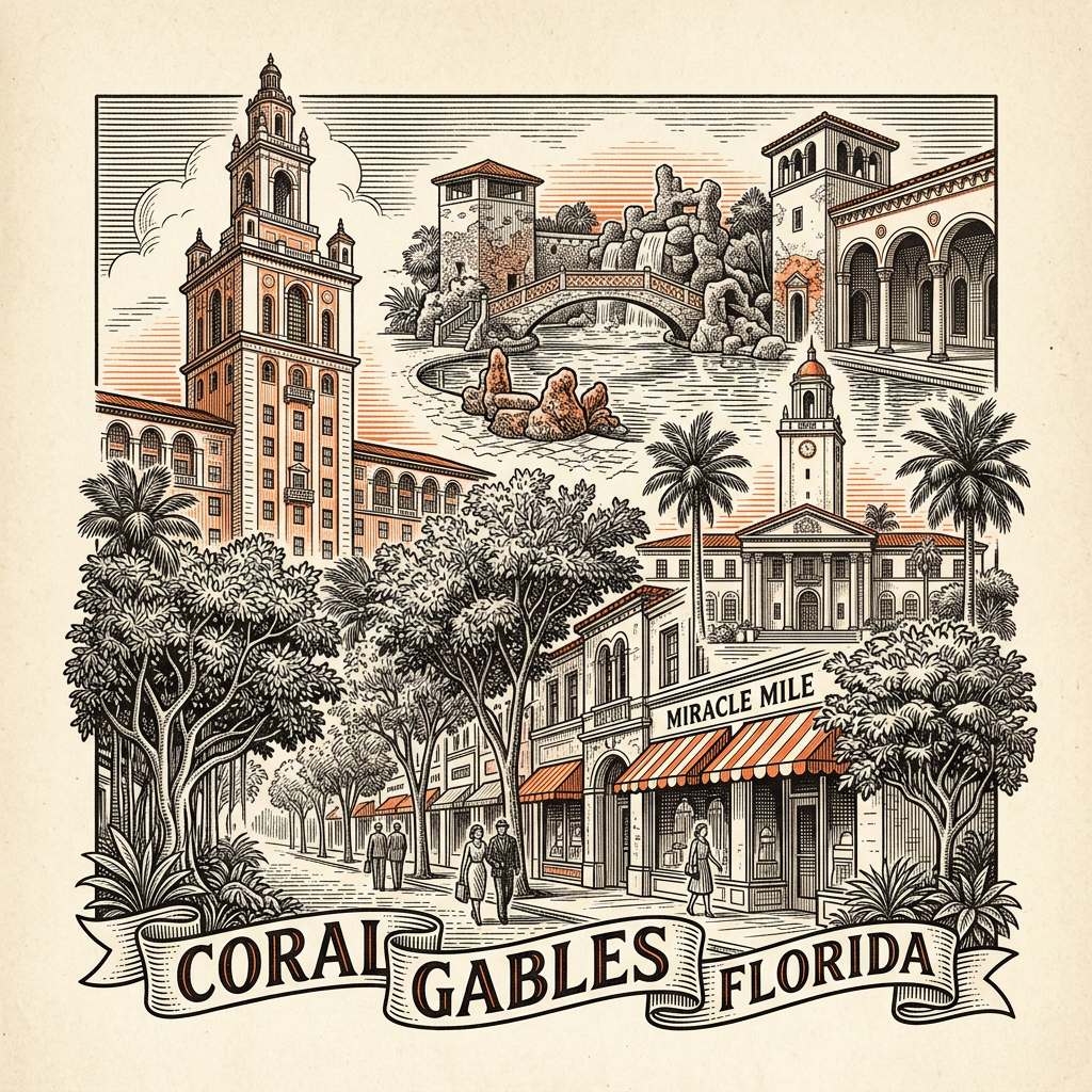 Engraved Coral Gables FL city illustration – Official Translations certified translation services from $29.95 per page
