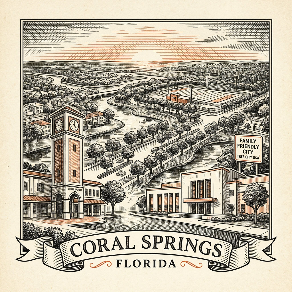 Engraved Coral Springs FL city illustration – Official Translations certified translation services from $29.95 per page