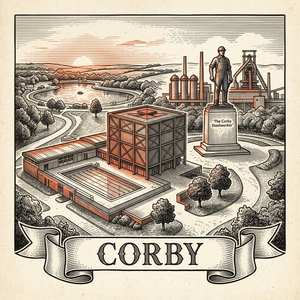 Engraved Corby England city illustration – Corby Cube civic building, Rockingham Castle, East Carlton Countryside Park, Corby International Pool, the Willow Place shopping centre – Official Translations certified translation services from £29.95 per page