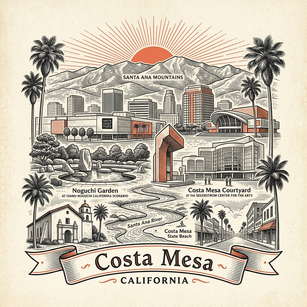 Engraved Costa Mesa CA city illustration – Official Translations certified translation services from $29.95 per page