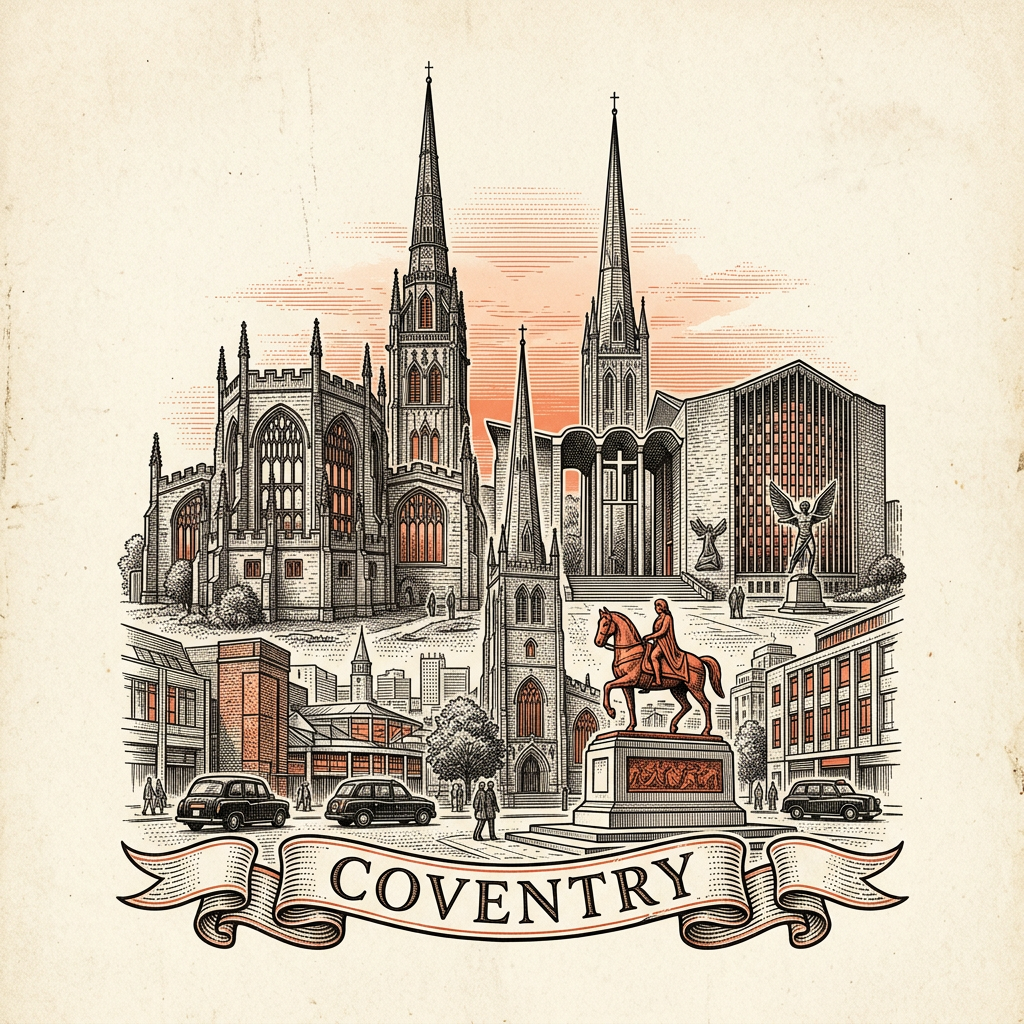 Engraved Coventry England city illustration – Coventry Cathedral ruins and new cathedral, Lady Godiva statue, Coventry Transport Museum, Holy Trinity Church spire, Whittle Arch – Official Translations certified translation services from £29.95 per page