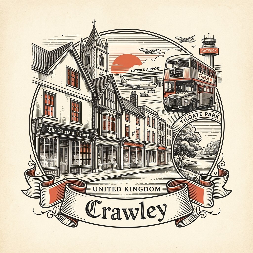 Engraved Crawley England city illustration – Gatwick Airport control tower, Hawth Theatre, K2 Crawley leisure centre, St John the Baptist Church, Tilgate Park lake – Official Translations certified translation services from £29.95 per page