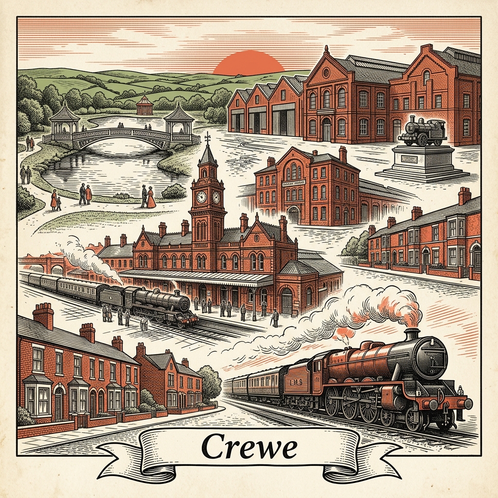 Engraved Crewe England city illustration – Crewe Railway Station with its Victorian footbridges, Crewe Heritage Centre signal box, Lyceum Theatre, Queens Park bandstand, Bentley Motors' Pyms Lane works – Official Translations certified translation services from £29.95 per page