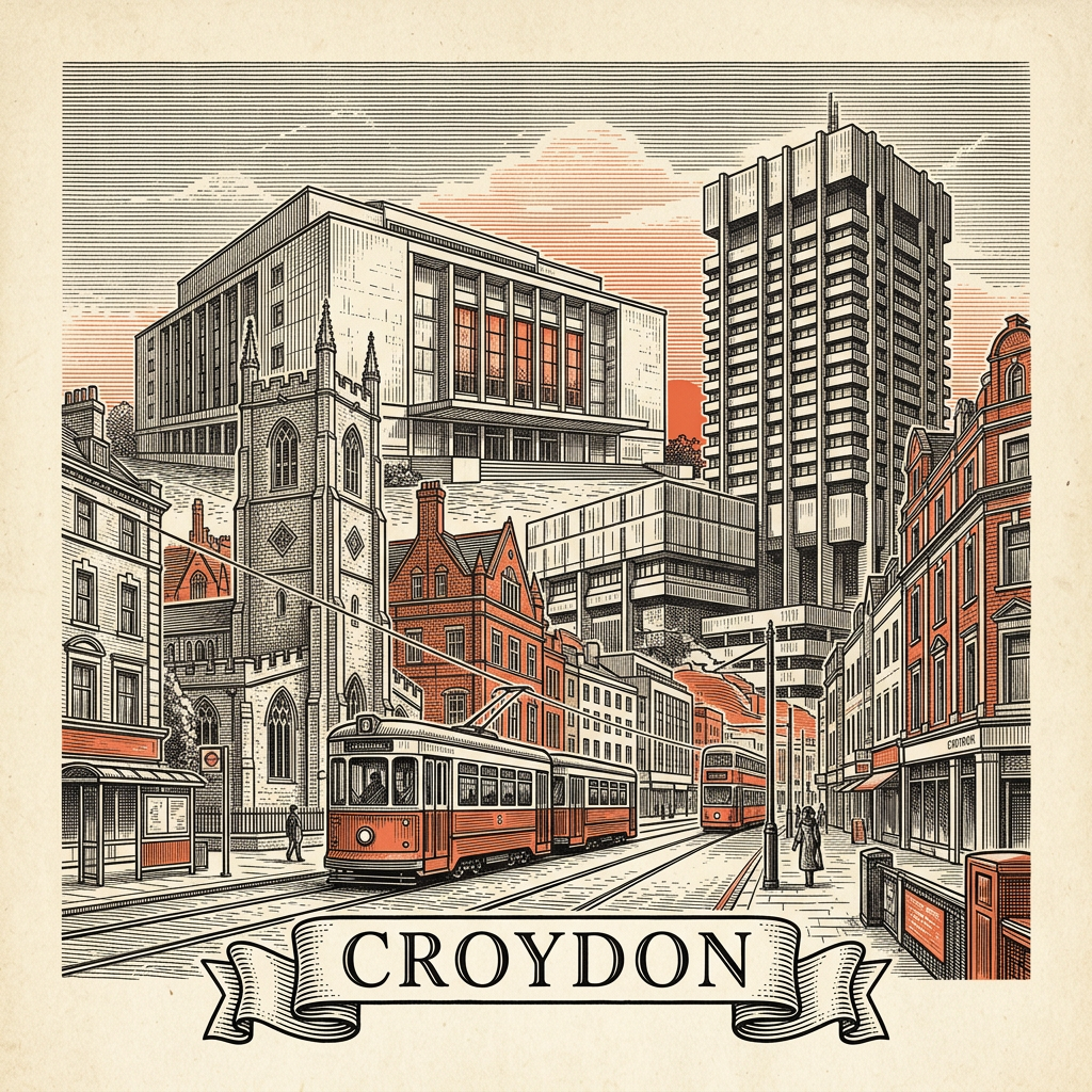 Engraved Croydon England city illustration – Croydon Clocktower, Whitgift Centre, BOXPARK Croydon, Saffron Square tower, No. 1 Croydon – Official Translations certified translation services from £29.95 per page