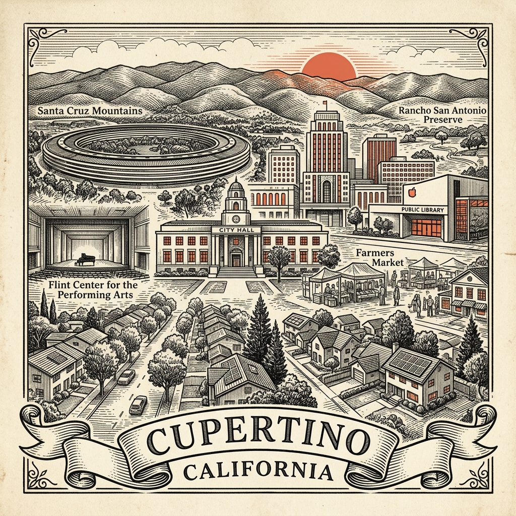 Engraved Cupertino CA city illustration – Official Translations certified translation services from $29.95 per page