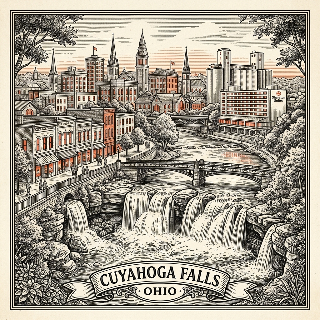 Engraved Cuyahoga Falls OH city illustration – Official Translations certified translation services from $29.95 per page