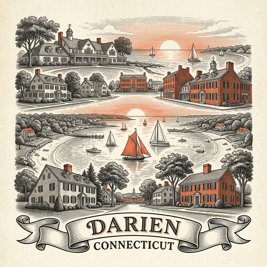 Engraved Darien CT city illustration – Official Translations certified translation services from $29.95 per page
