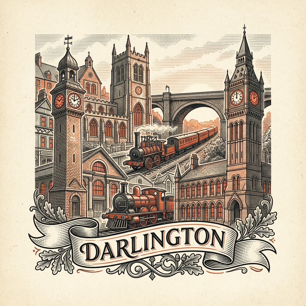 Engraved Darlington England city illustration – Locomotion No. 1, St Cuthbert's Church, Head of Steam Railway Museum, Darlington Town Hall, Brick Train sculpture – Official Translations certified translation services from £29.95 per page