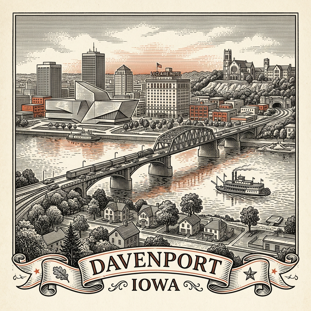 Engraved Davenport IA city illustration – Official Translations certified translation services from $29.95 per page