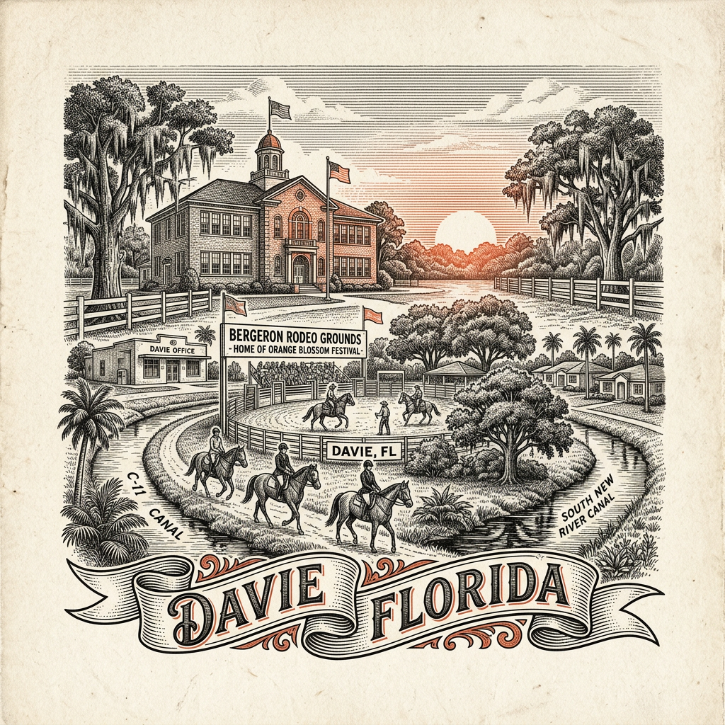 Engraved Davie FL city illustration – Official Translations certified translation services from $29.95 per page