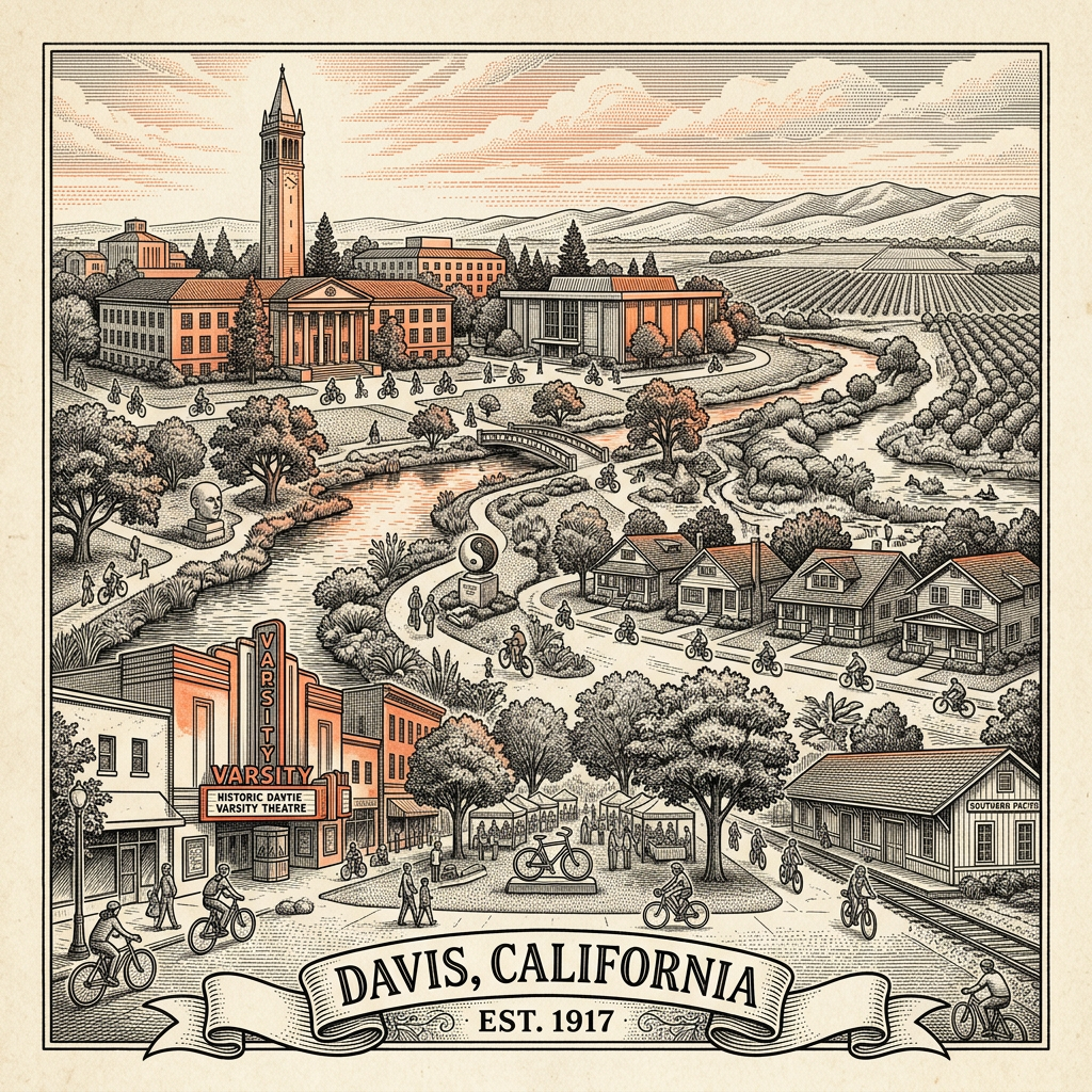 Engraved Davis CA city illustration – Official Translations certified translation services from $29.95 per page