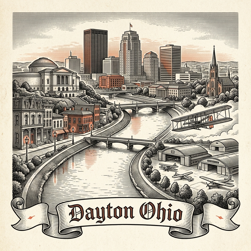 Engraved Dayton OH city illustration – Official Translations certified translation services from $29.95 per page