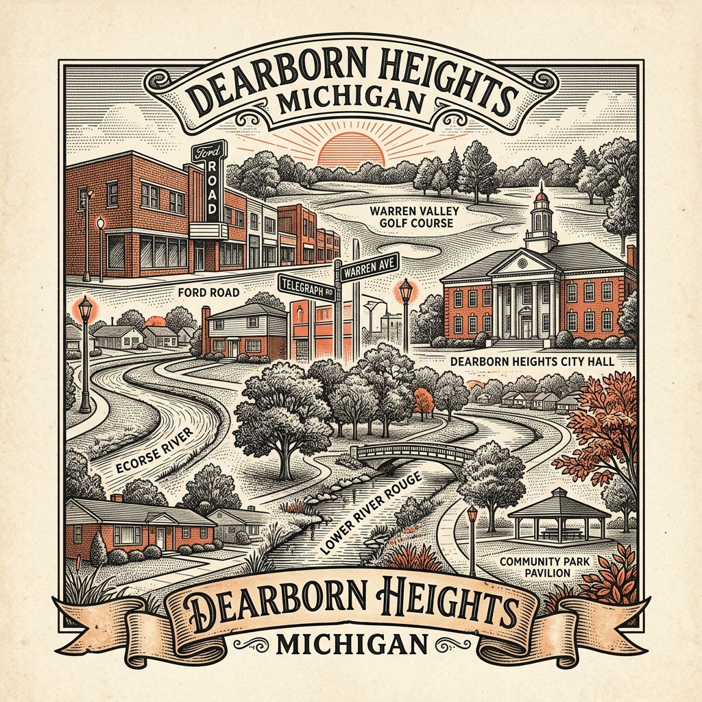 Engraved Dearborn Heights MI city illustration – Official Translations certified translation services from $29.95 per page