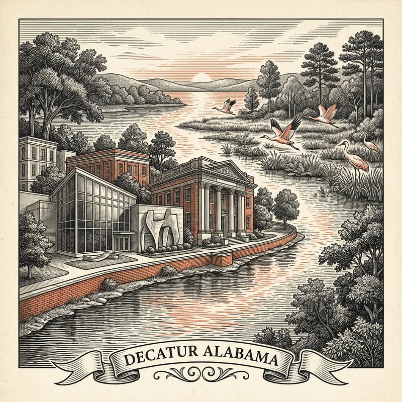 Engraved Decatur AL city illustration – Official Translations certified translation services from $29.95 per page