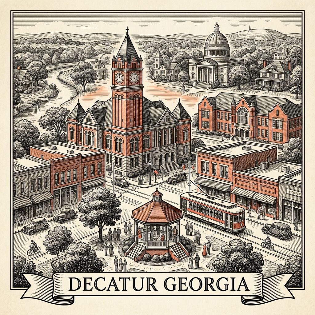 Engraved Decatur GA city illustration – Official Translations certified translation services from $29.95 per page
