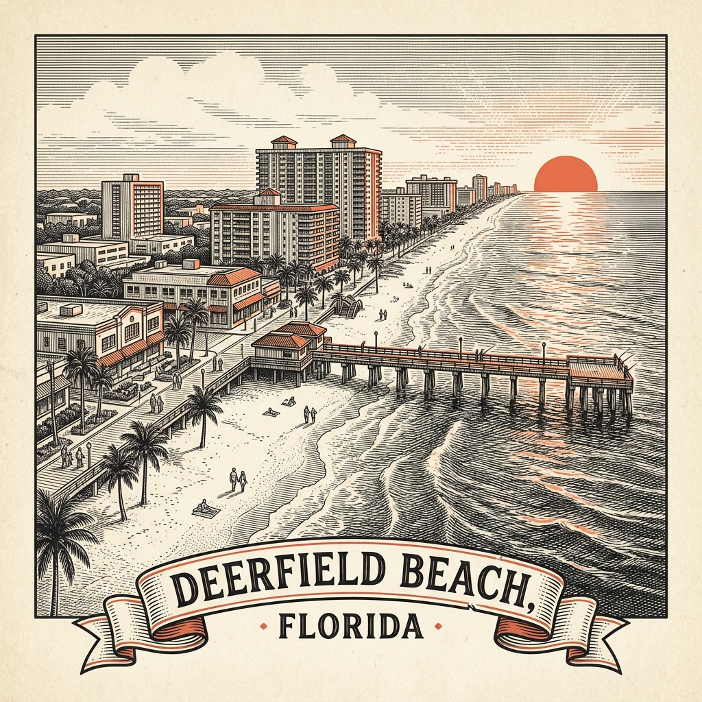 Engraved Deerfield Beach FL city illustration – Official Translations certified translation services from $29.95 per page