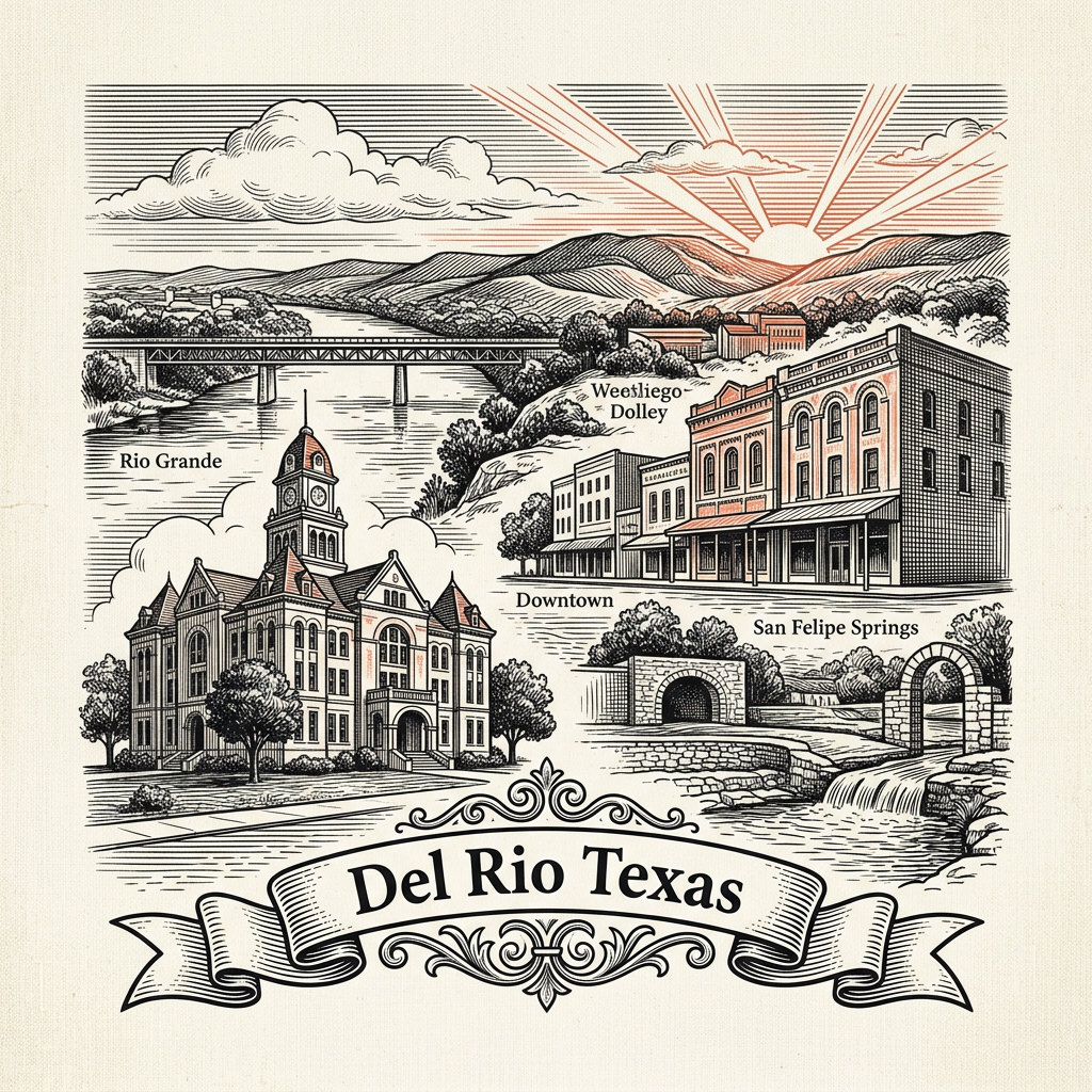 Engraved Del Rio TX city illustration – Official Translations certified translation services from $29.95 per page