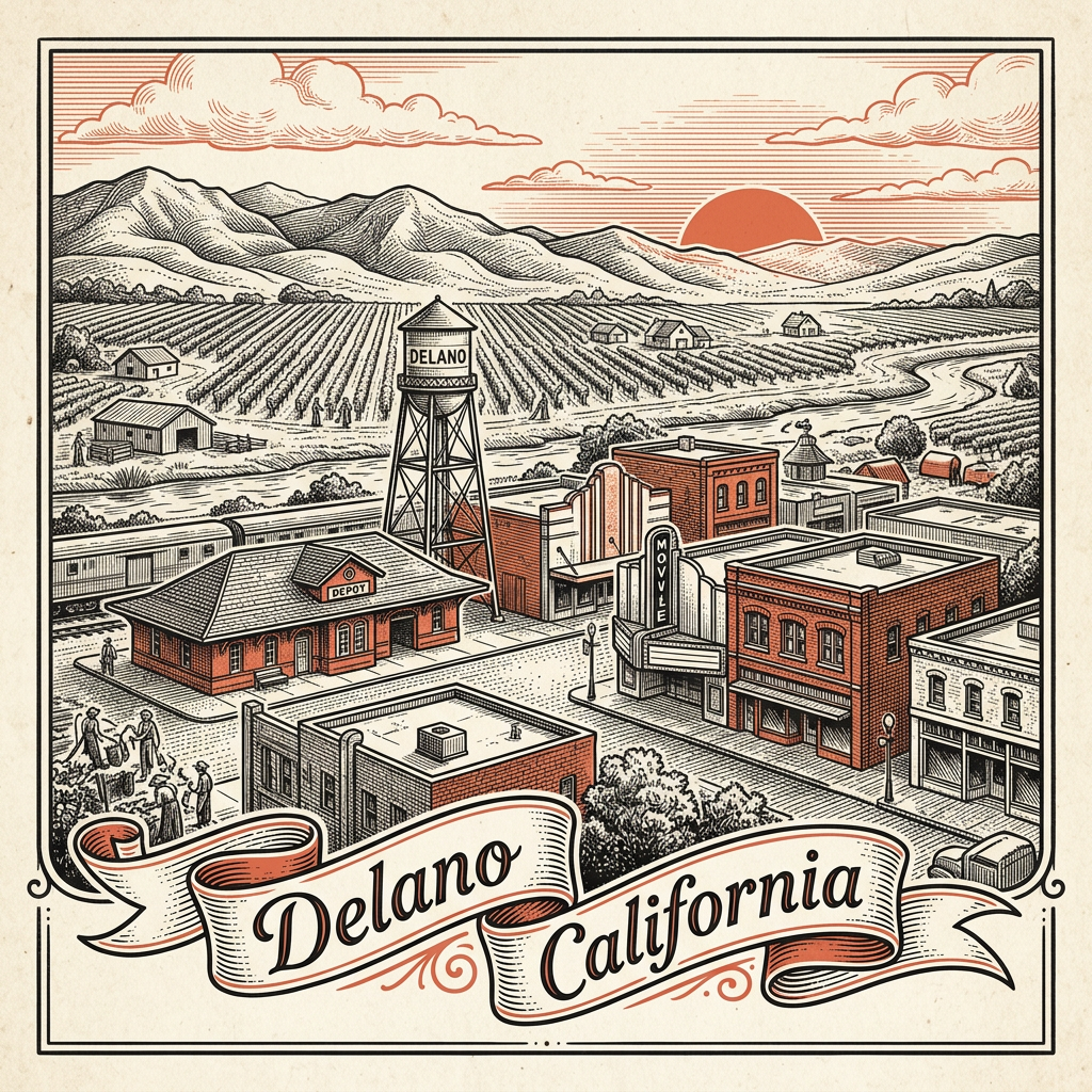 Engraved Delano CA city illustration – Official Translations certified translation services from $29.95 per page