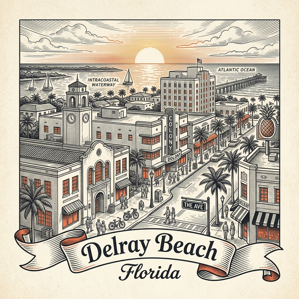 Engraved Delray Beach FL city illustration – Official Translations certified translation services from $29.95 per page