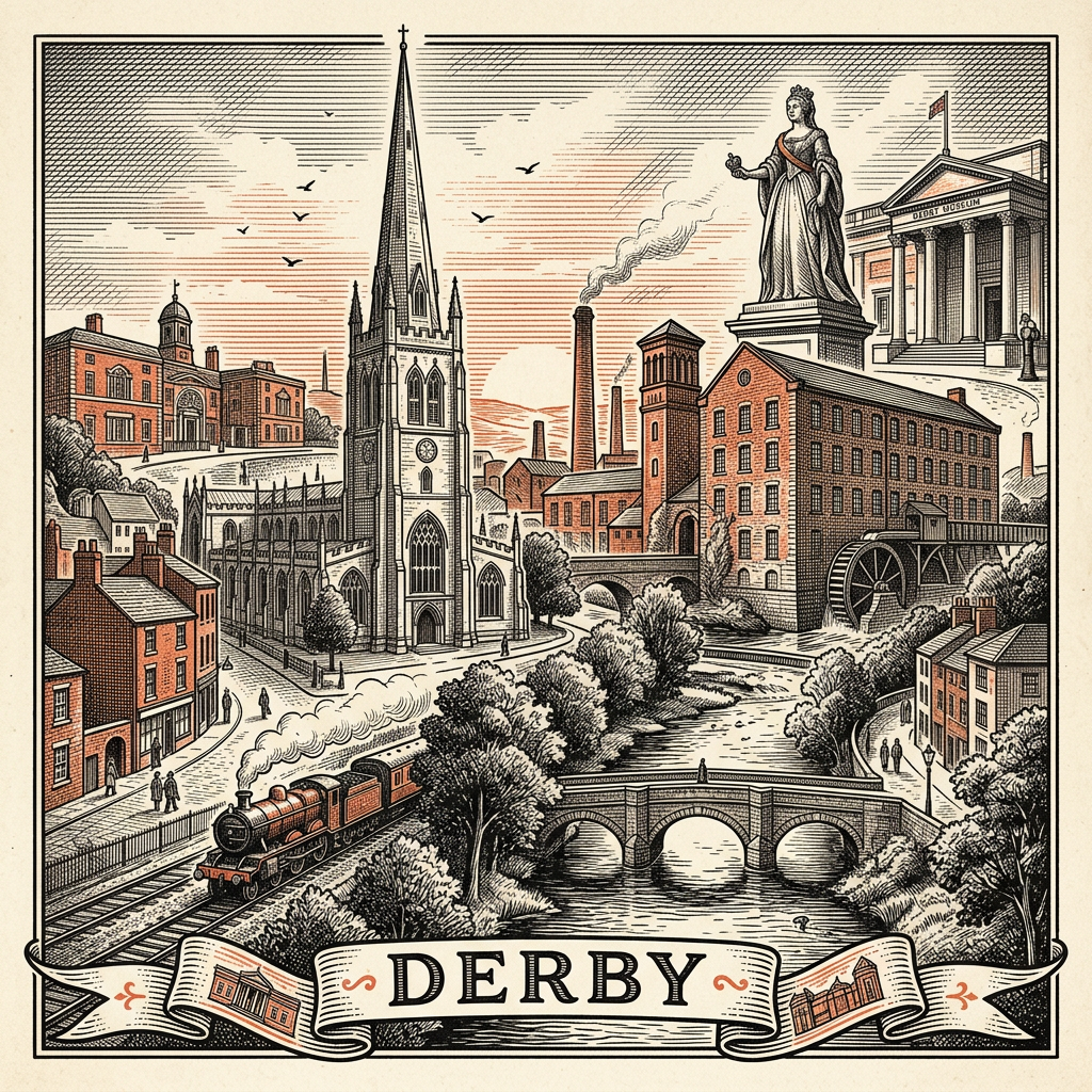 Engraved Derby England city illustration – Derby Cathedral tower, Silk Mill (Museum of Making), Rolls-Royce Trent engine sculpture, Council House on the Derwent, Quad arts centre – Official Translations certified translation services from £29.95 per page