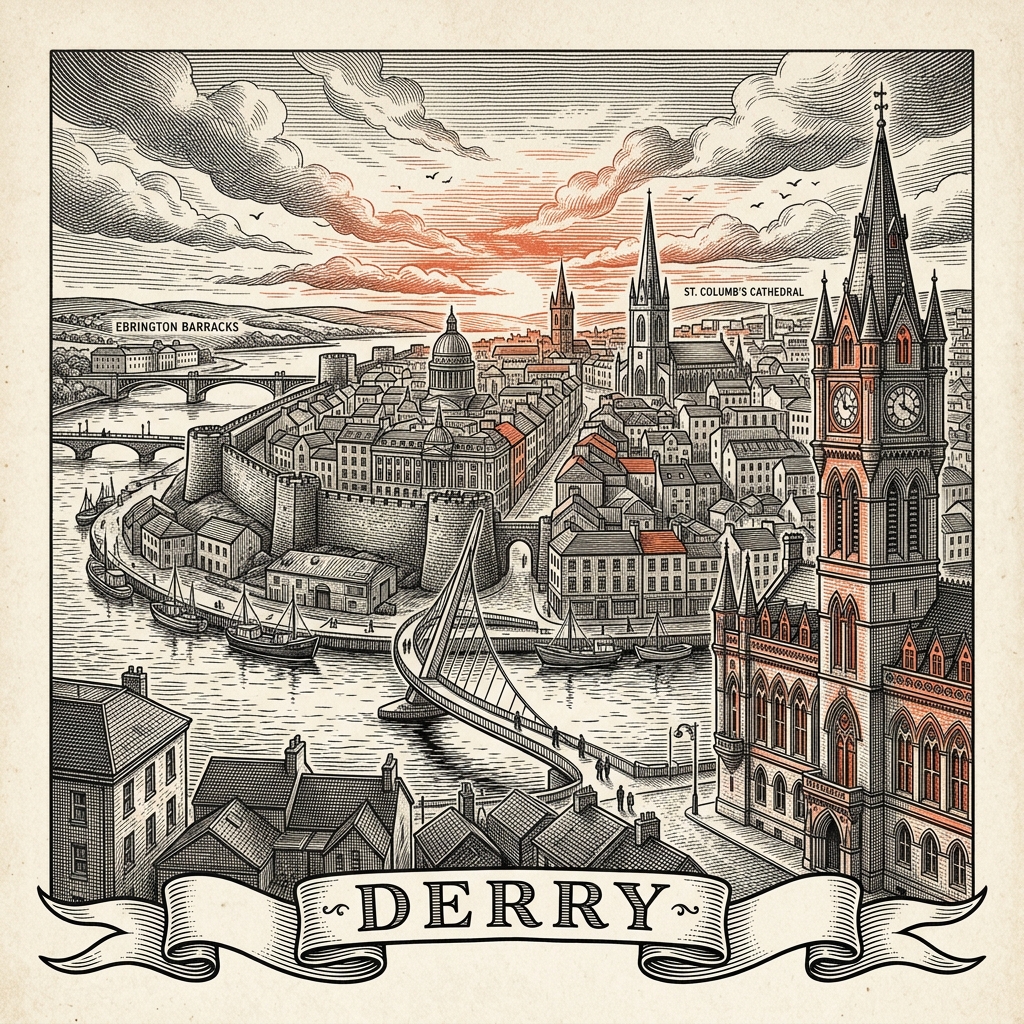 Engraved Derry Northern Ireland city illustration – Derry City Walls, Peace Bridge, Guildhall, Bogside murals, St Columb's Cathedral – Official Translations certified translation services from £29.95 per page