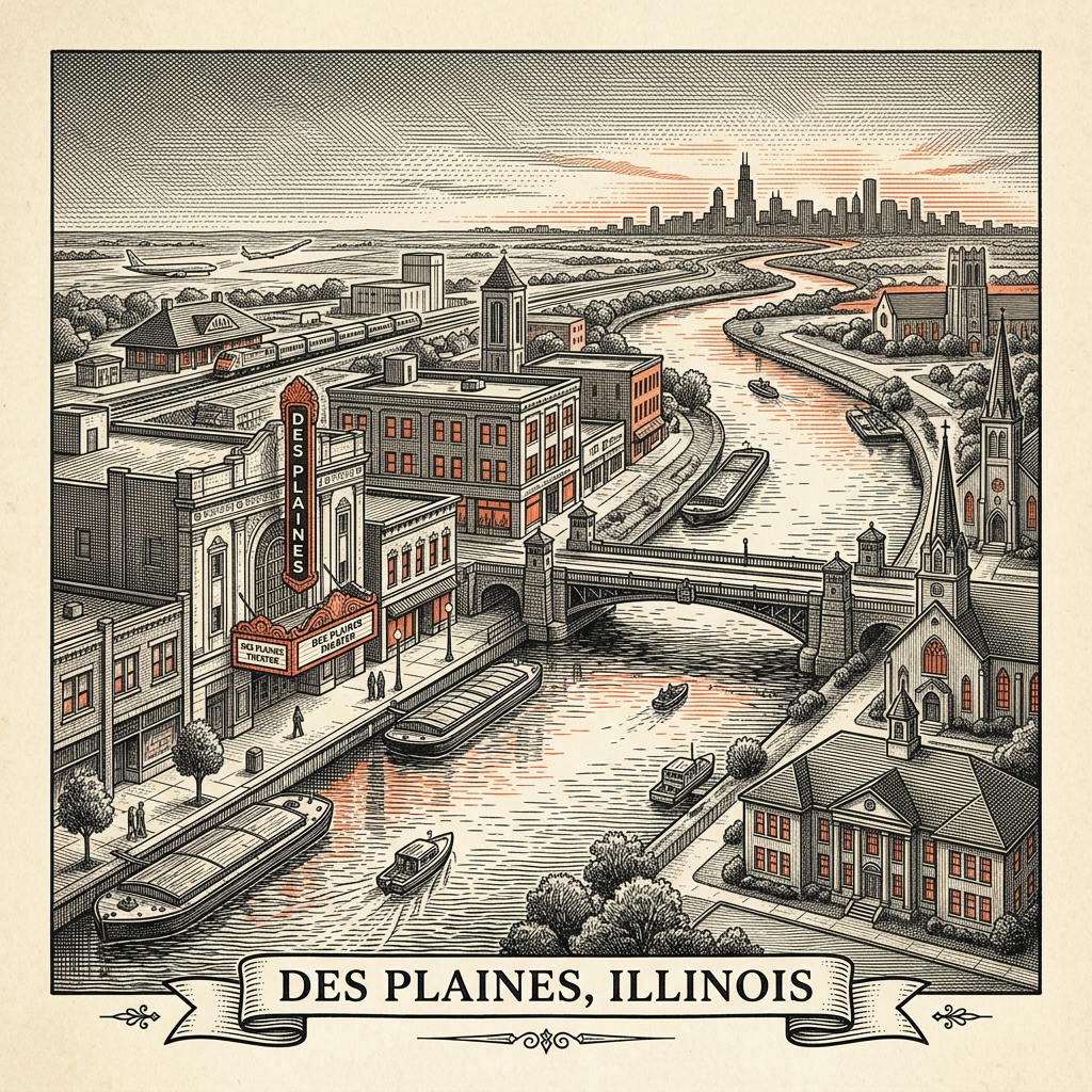 Engraved Des Plaines IL city illustration – Official Translations certified translation services from $29.95 per page