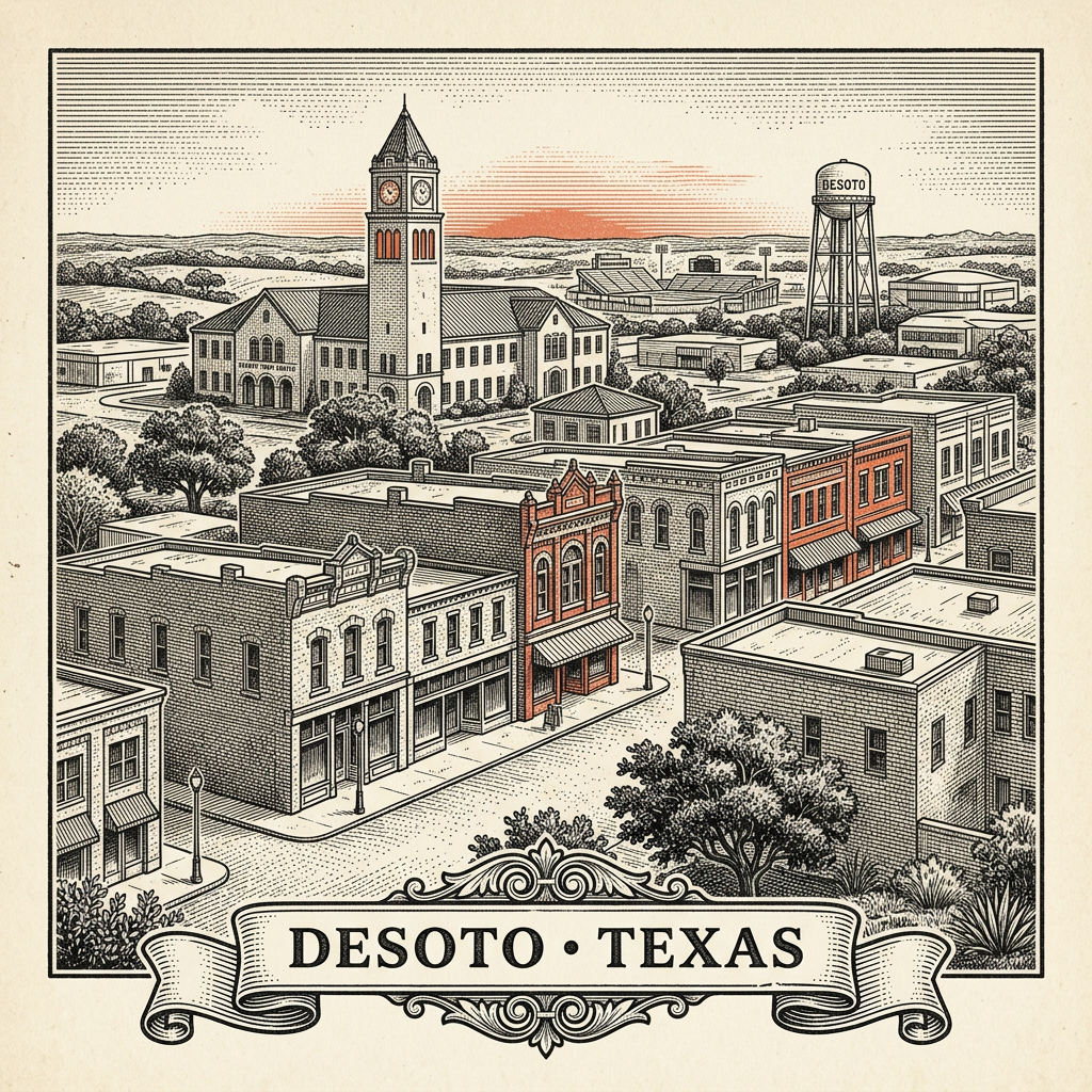 Engraved Desoto TX city illustration – Official Translations certified translation services from $29.95 per page