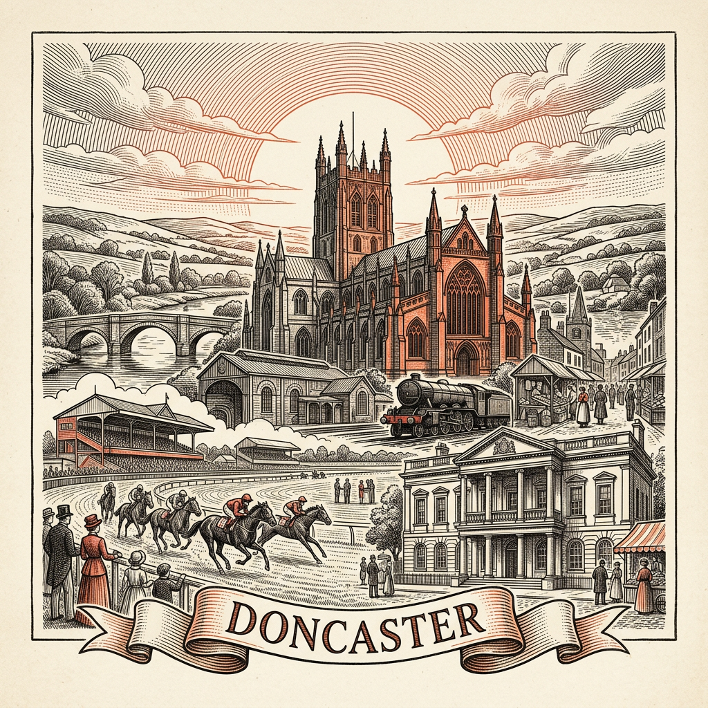 Engraved Doncaster England city illustration – Doncaster Minster (St George's), Doncaster Racecourse stand, Mansion House, Frenchgate Centre, Cusworth Hall – Official Translations certified translation services from £29.95 per page