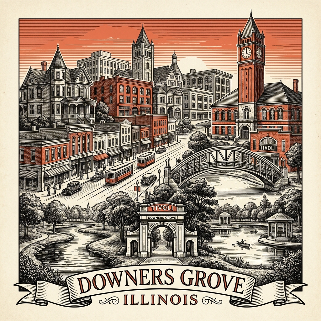 Engraved Downers Grove IL city illustration – Official Translations certified translation services from $29.95 per page