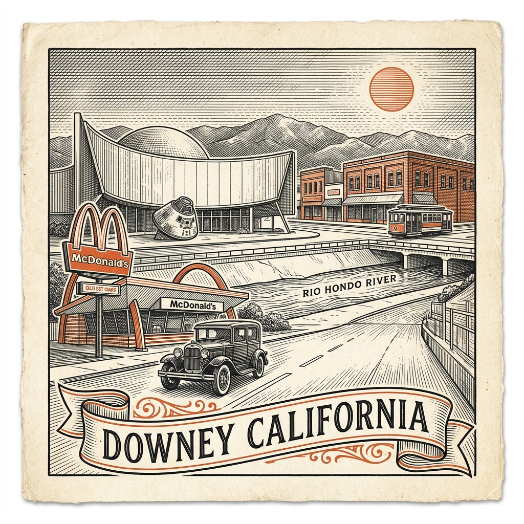 Engraved Downey CA city illustration – Official Translations certified translation services from $29.95 per page