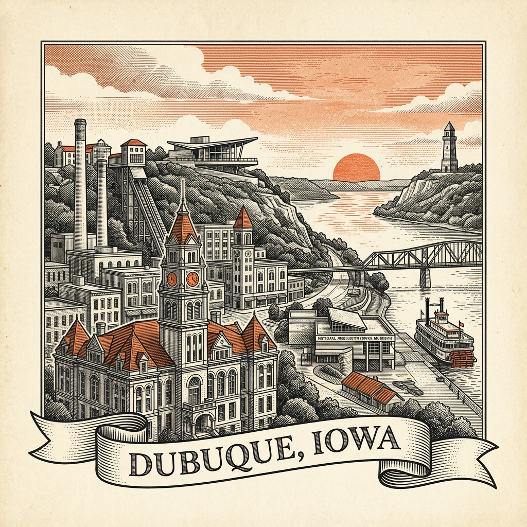 Engraved Dubuque IA city illustration – Official Translations certified translation services from $29.95 per page