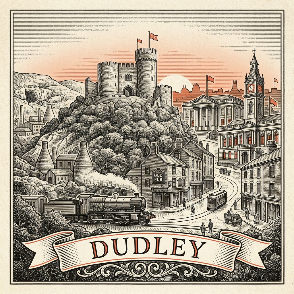 Engraved Dudley England city illustration – Dudley Castle, Black Country Living Museum, Dudley Zoo, Red House Glass Cone, St Thomas's Church – Official Translations certified translation services from £29.95 per page