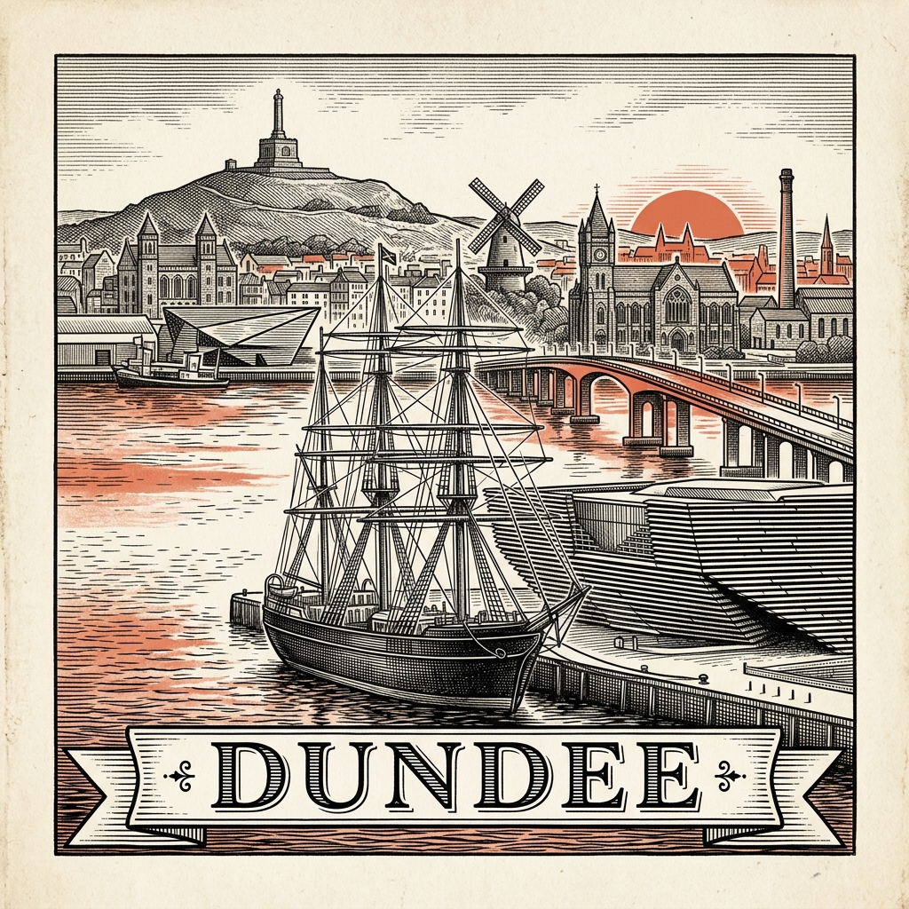 Engraved Dundee Scotland city illustration – V&A Dundee, RRS Discovery ship, Tay Road Bridge, Dundee Law hill, McManus Galleries clock tower – Official Translations certified translation services from £29.95 per page