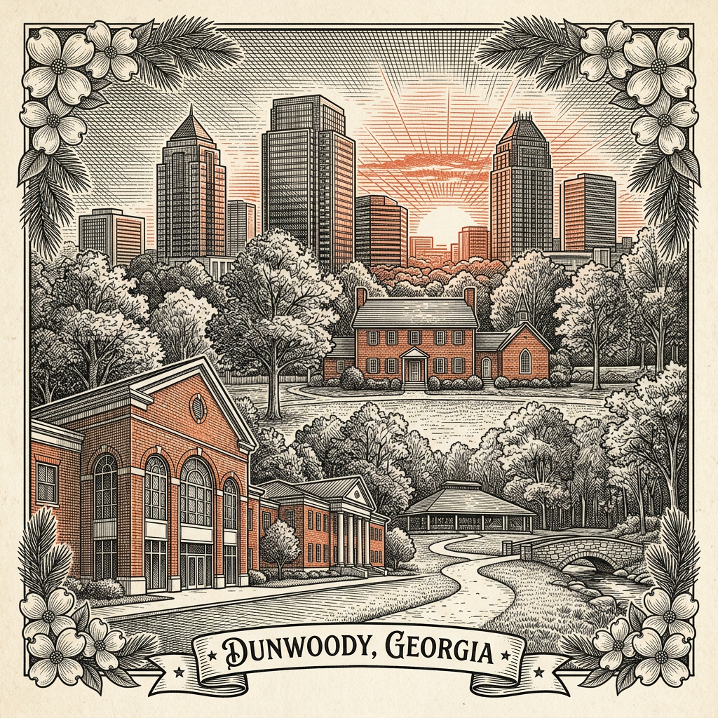 Engraved Dunwoody GA city illustration – Official Translations certified translation services from $29.95 per page