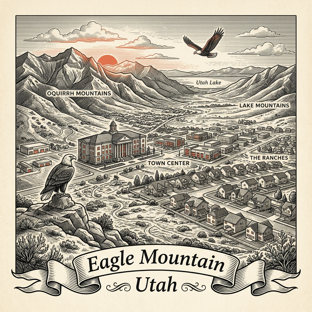 Engraved Eagle Mountain UT city illustration – Official Translations certified translation services from $29.95 per page