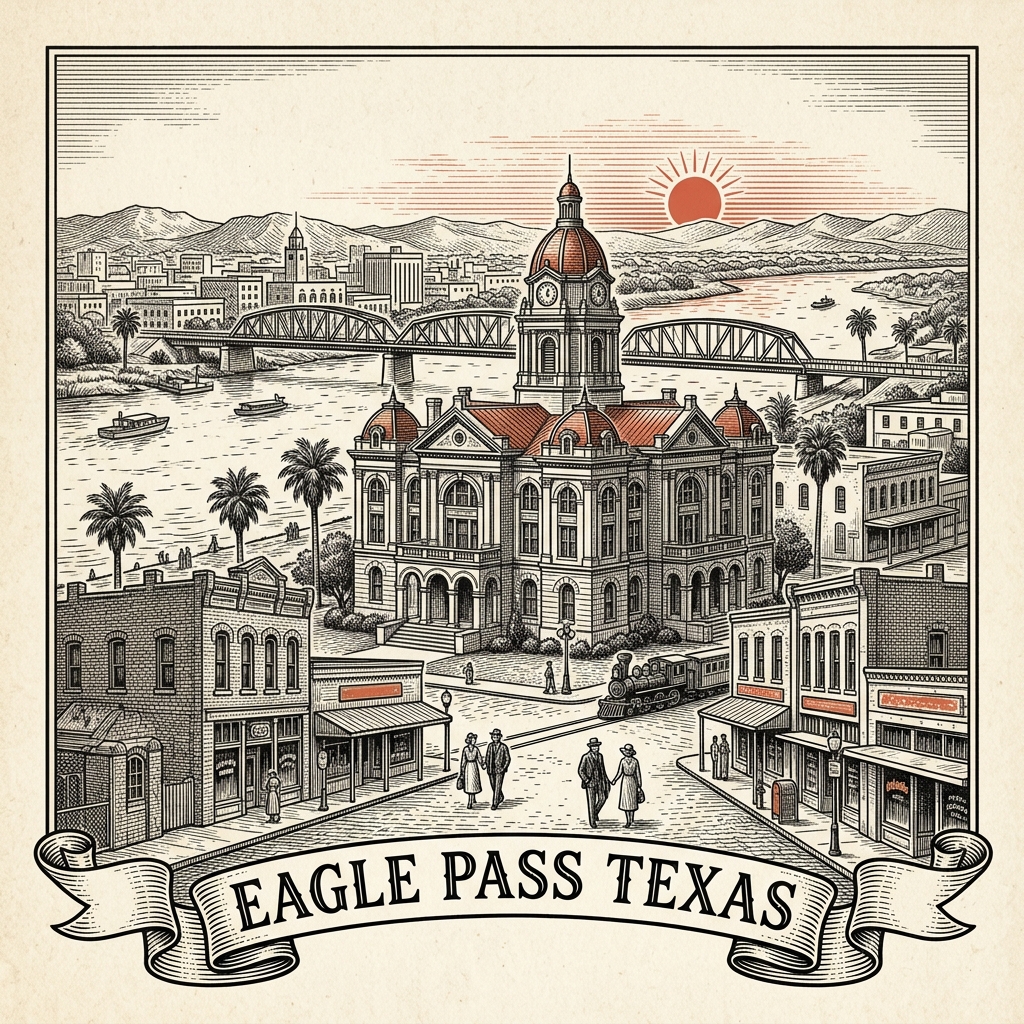 Engraved Eagle Pass TX city illustration – Official Translations certified translation services from $29.95 per page