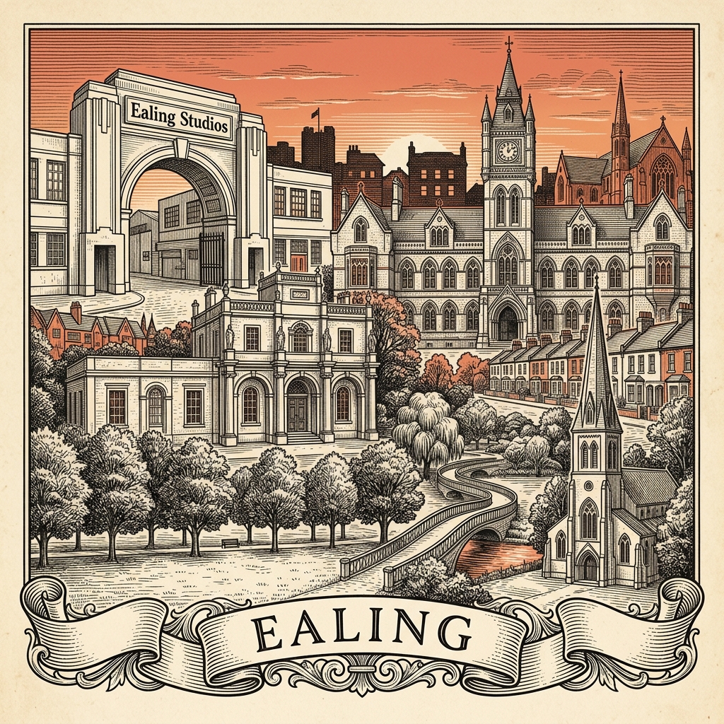Engraved Ealing England city illustration – Ealing Studios gates, Pitzhanger Manor, Walpole Park, Hanwell Clock Tower, Southall Clock Tower – Official Translations certified translation services from £29.95 per page