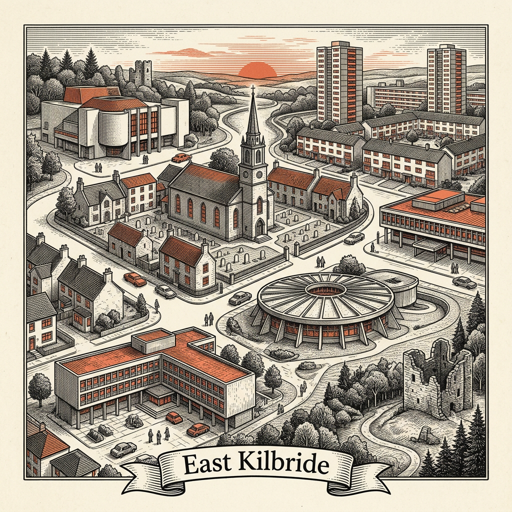 Engraved East Kilbride Scotland city illustration – The Dollan Aqua Centre's hyperbolic-paraboloid roof, Calderglen Country Park gorge, East Kilbride Shopping Centre, James Hamilton Heritage Loch, Mains Castle tower – Official Translations certified translation services from £29.95 per page