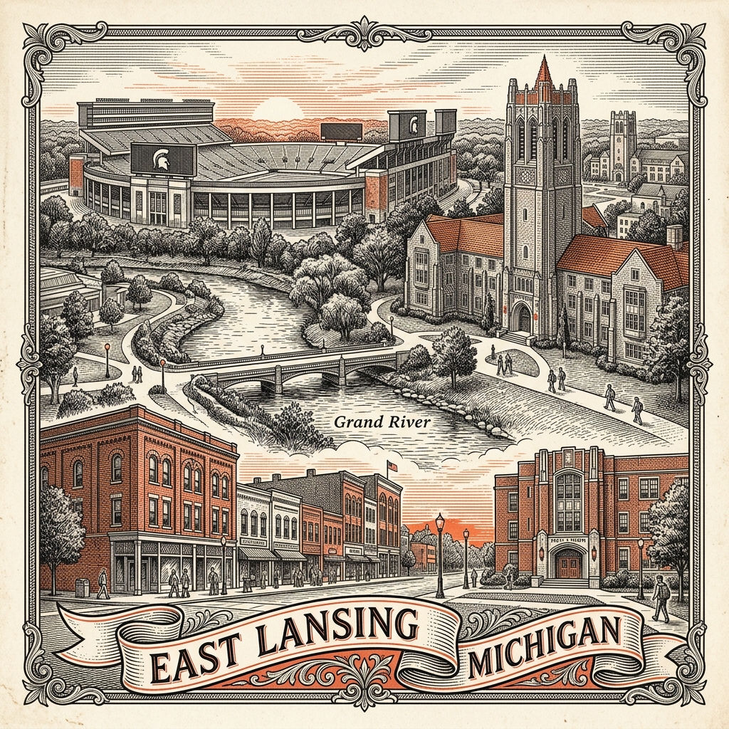 Engraved East Lansing MI city illustration – Official Translations certified translation services from $29.95 per page